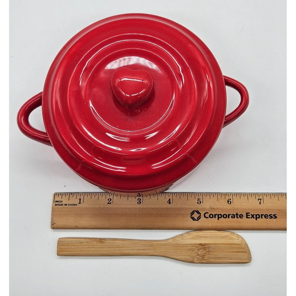 Red Ceramic Mini Cocotte with Heart Lid Knob and Bamboo Spreader Set
